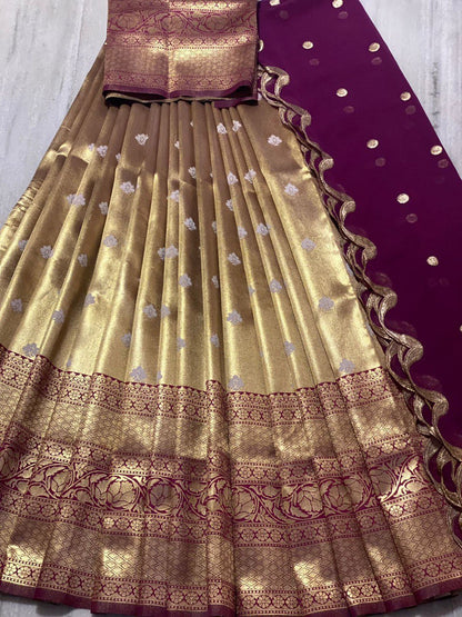 Beautiful Kanjiveram Silk Pure Zari HALF Saree with Blouse Along With Dupatta