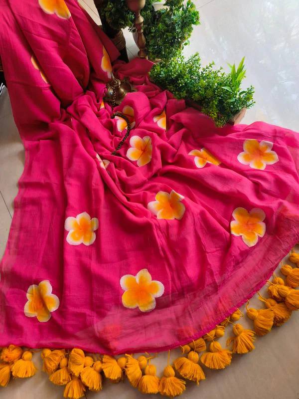 Super Soft Mul Slab Cotton Printed Saree Dark Pink