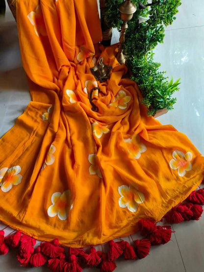 Super Soft Mul Slab Cotton Printed Saree Orange