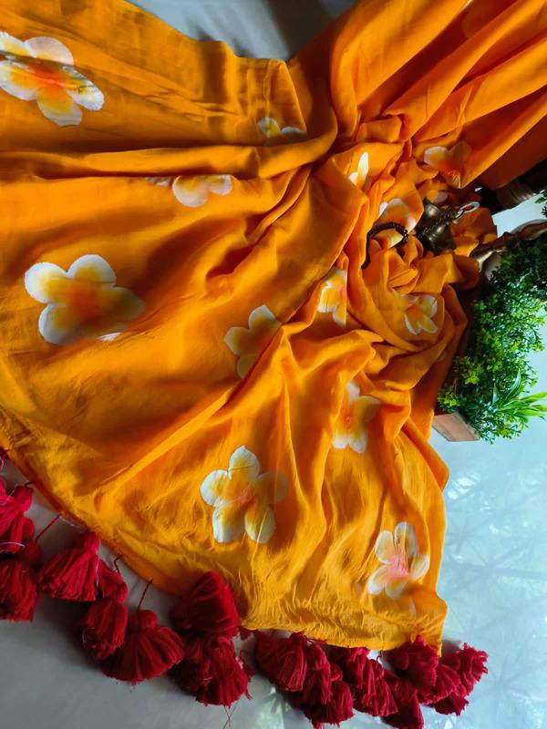 Super Soft Mul Slab Cotton Printed Saree Orange