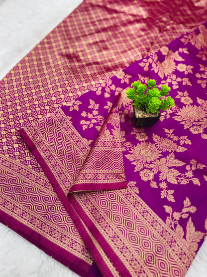 Blue Color Lichi Silk Dark Purple Saree