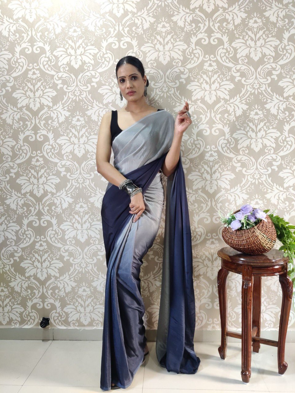 Designer Soft Silk Ready to Wear Wedding Saree Grey