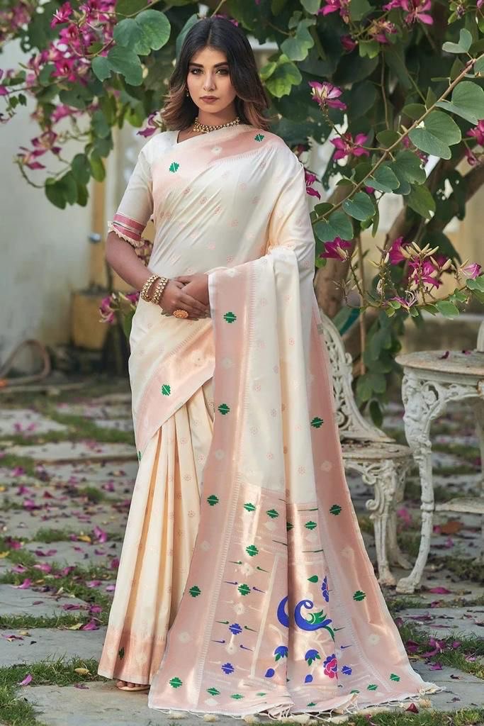 Off White Pure Zari Golden waving Banarasi Woven Saree