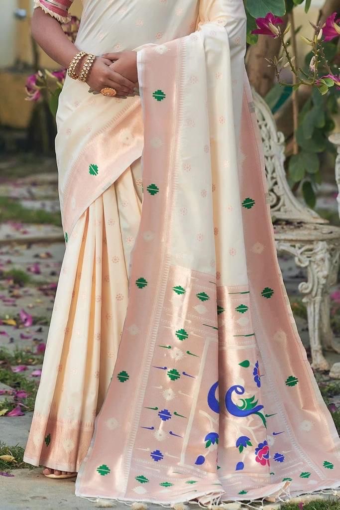 Off White Pure Zari Golden waving Banarasi Woven Saree