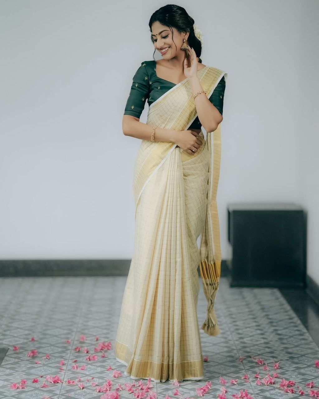 White Lichi Silk Woven Saree with Golden Patta Border