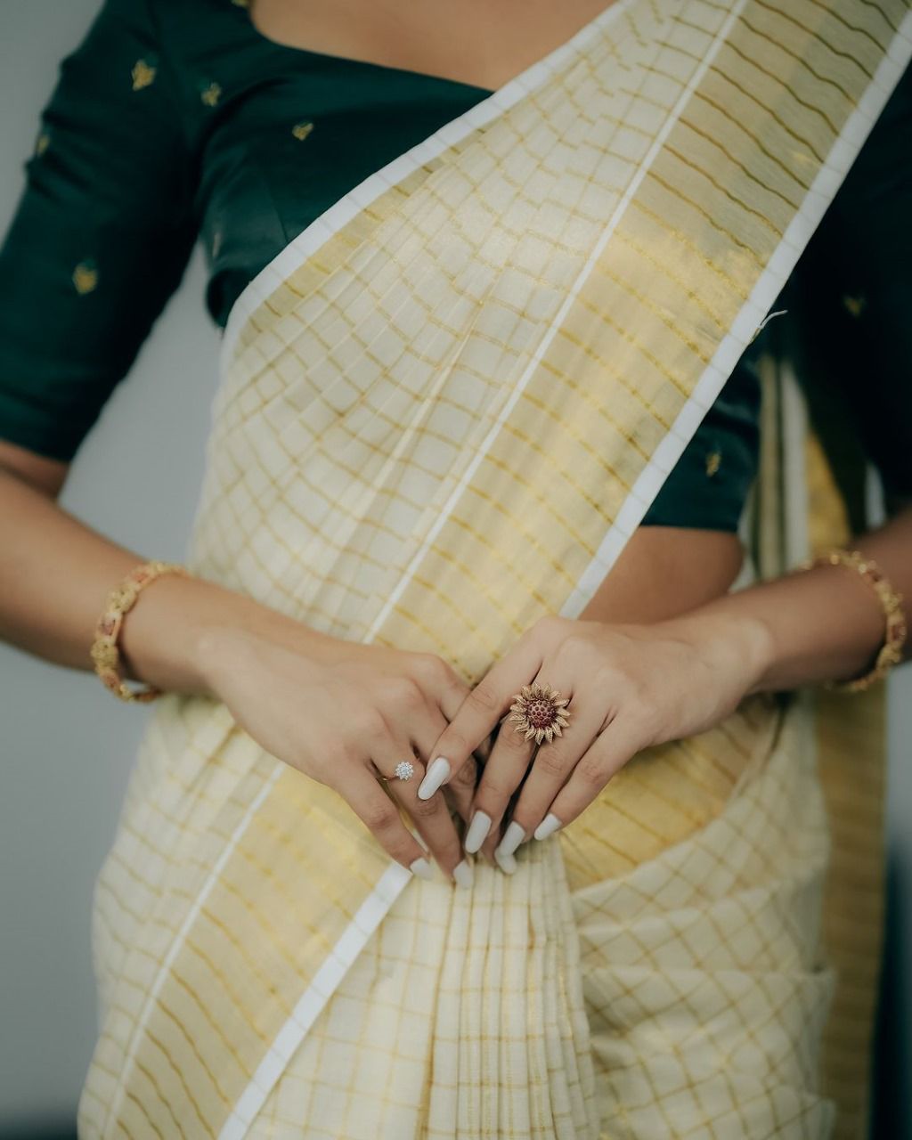 White Lichi Silk Woven Saree with Golden Patta Border