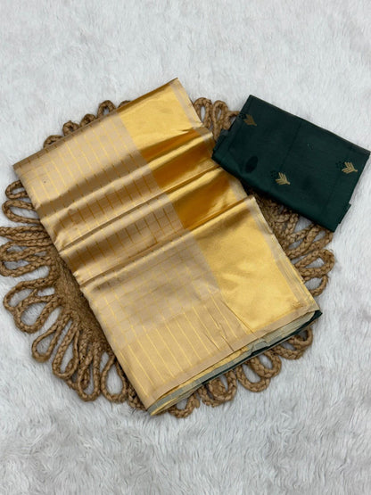 White Lichi Silk Woven Saree with Golden Patta Border