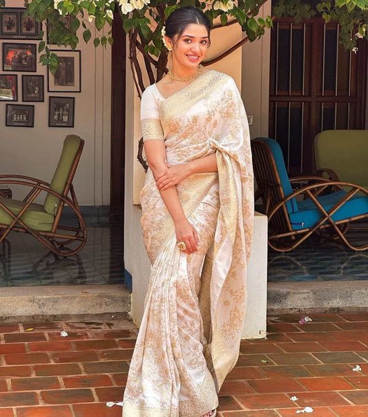 White with Golden work Kanjivaram Silk Saree