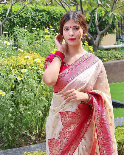 White Pink Kanjivaram Silk Saree