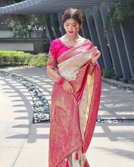 White Pink Kanjivaram Silk Saree