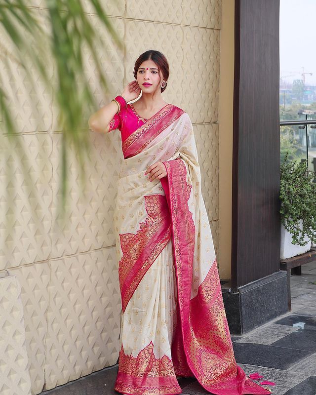 White Pink Kanjivaram Silk Saree