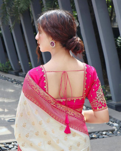 White Pink Kanjivaram Silk Saree