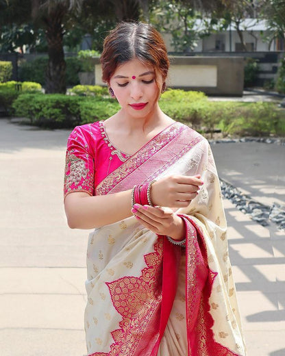 White Pink Kanjivaram Silk Saree