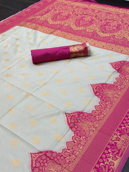 White Pink Kanjivaram Silk Saree