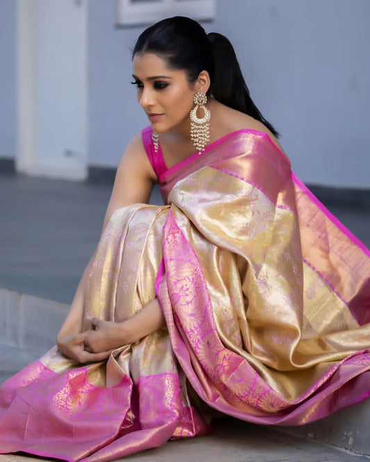 White Pink combination Kanjivaram Silk Saree