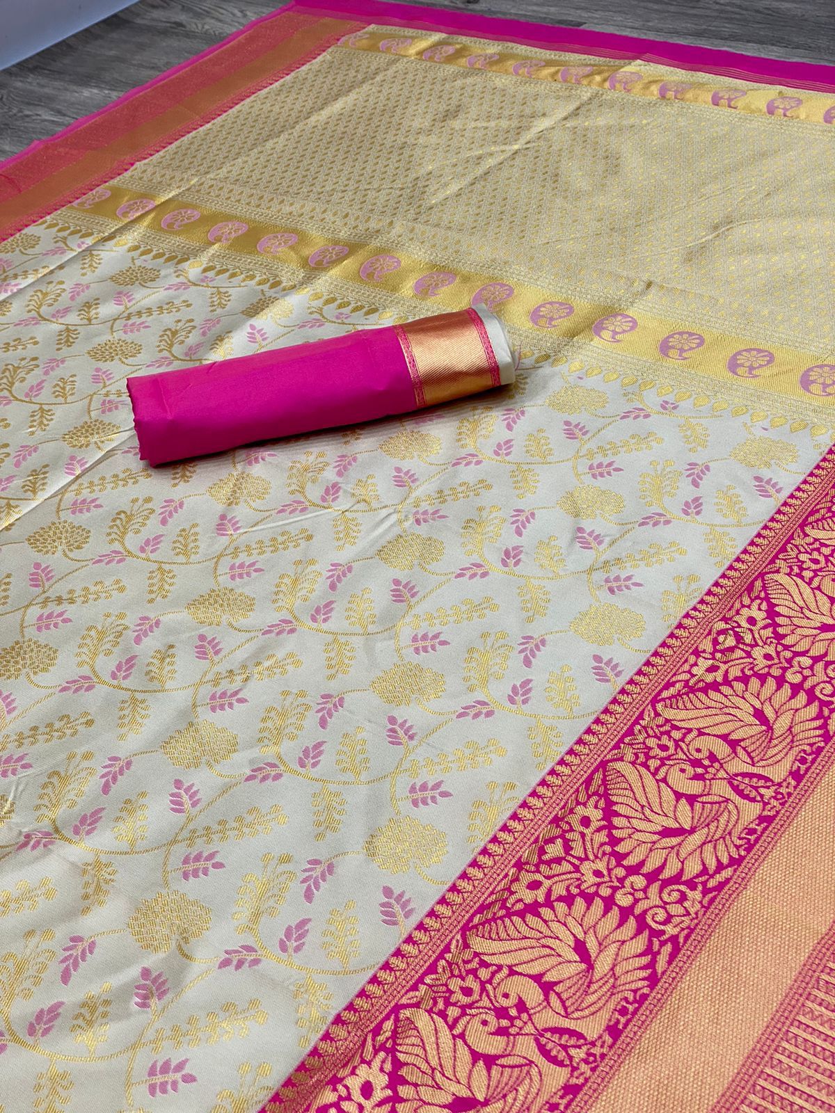 White Pink combination Kanjivaram Silk Saree