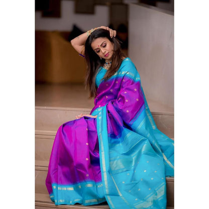 Dark Purple with Sky Blue Border Banarasi Silk Saree