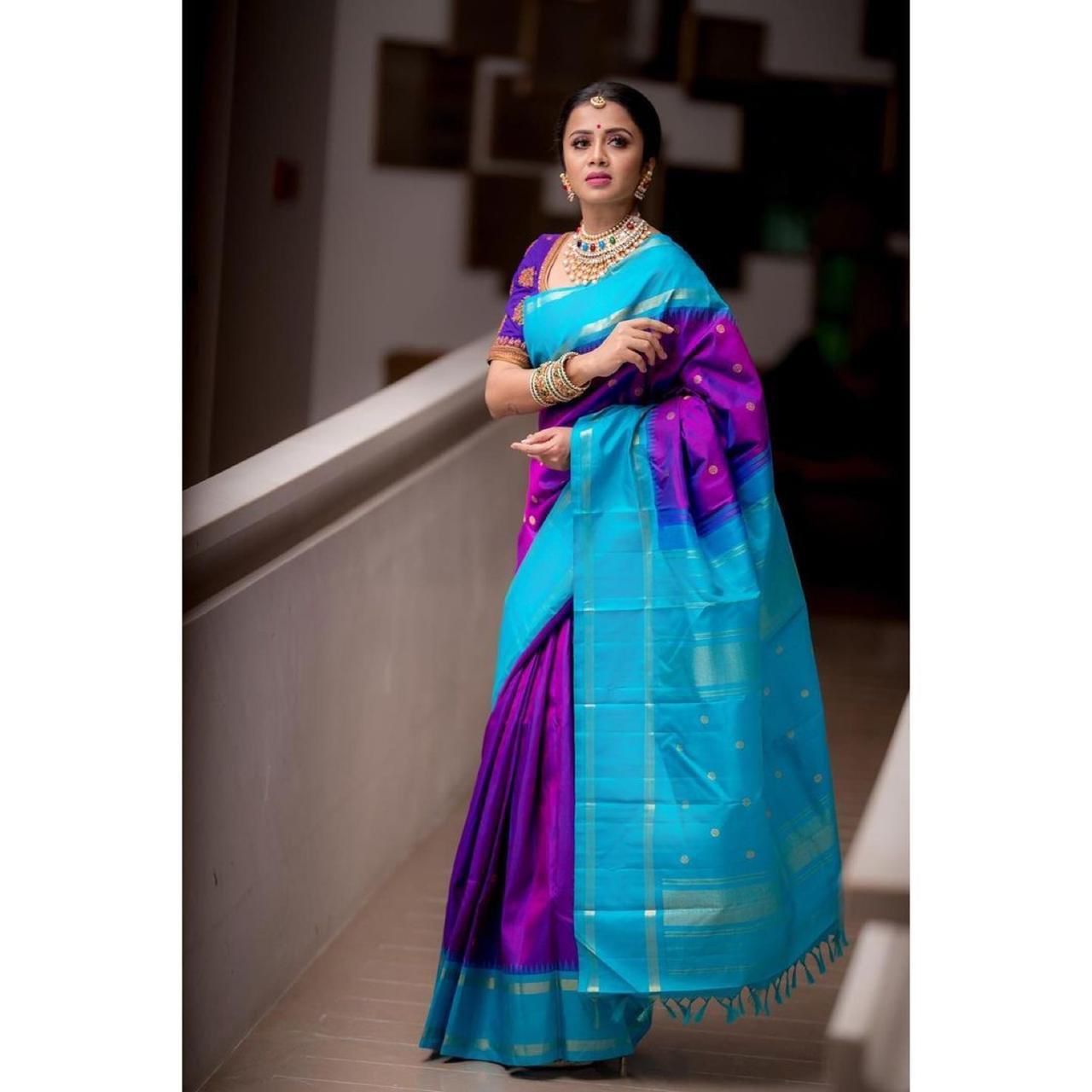 Dark Purple with Sky Blue Border Banarasi Silk Saree