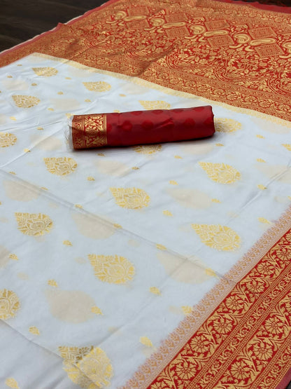 White with Red Border Banarasi Silk Saree