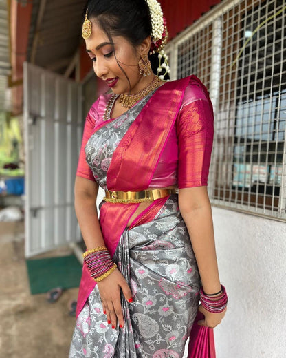 Grey with Pink Border Banarasi Silk Saree