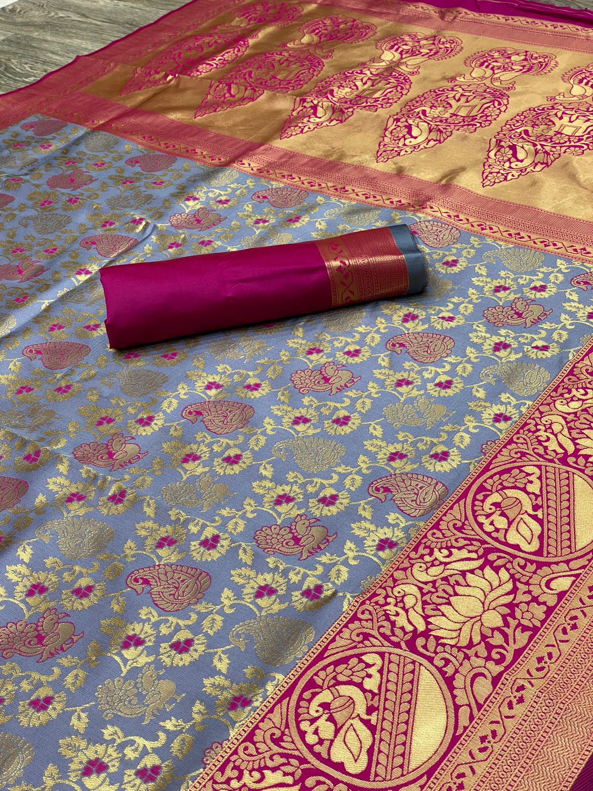 Grey with Pink Border Banarasi Silk Saree