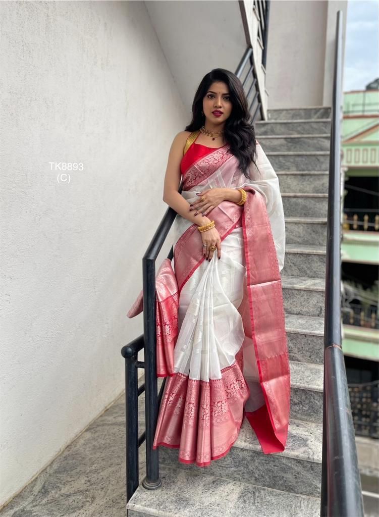 White Red Banarasi Silk Saree