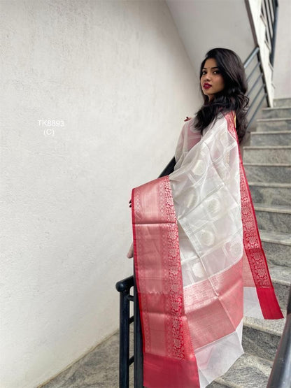 White Red Banarasi Silk Saree