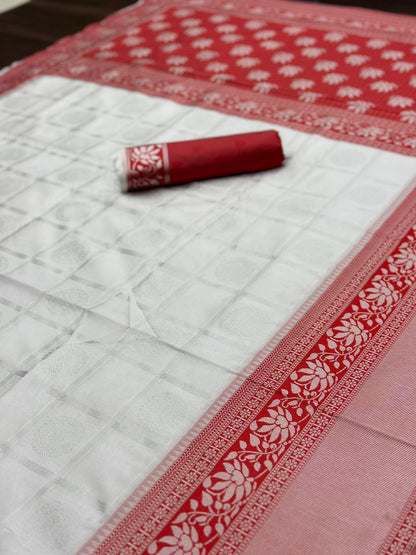 White Red Banarasi Silk Saree