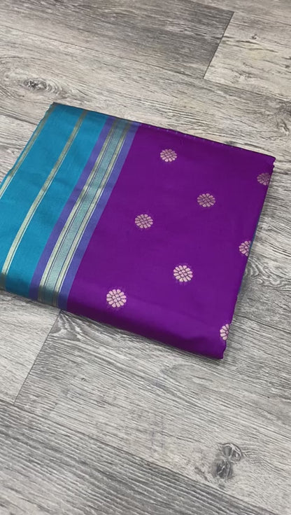 Dark Purple with Sky Blue Border Banarasi Silk Saree