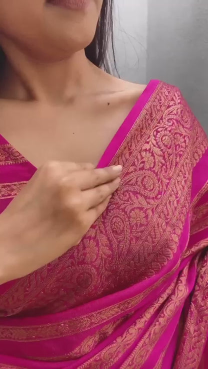 Dark Pink Magenta Lichi Silk Woven Saree