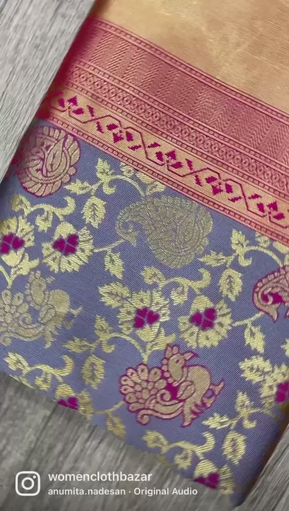 Grey with Pink Border Banarasi Silk Saree